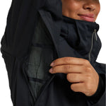 Roxy Women's Meade Insulated Jacket - A black jacket with a zippered chest pocket and a hood, featuring a mesh lining on the inside of the arm sleeve.