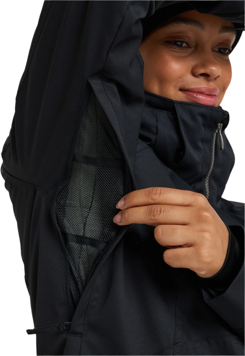 Roxy Women's Meade Insulated Jacket - A black jacket with a zippered chest pocket and a hood, featuring a mesh lining on the inside of the arm sleeve.