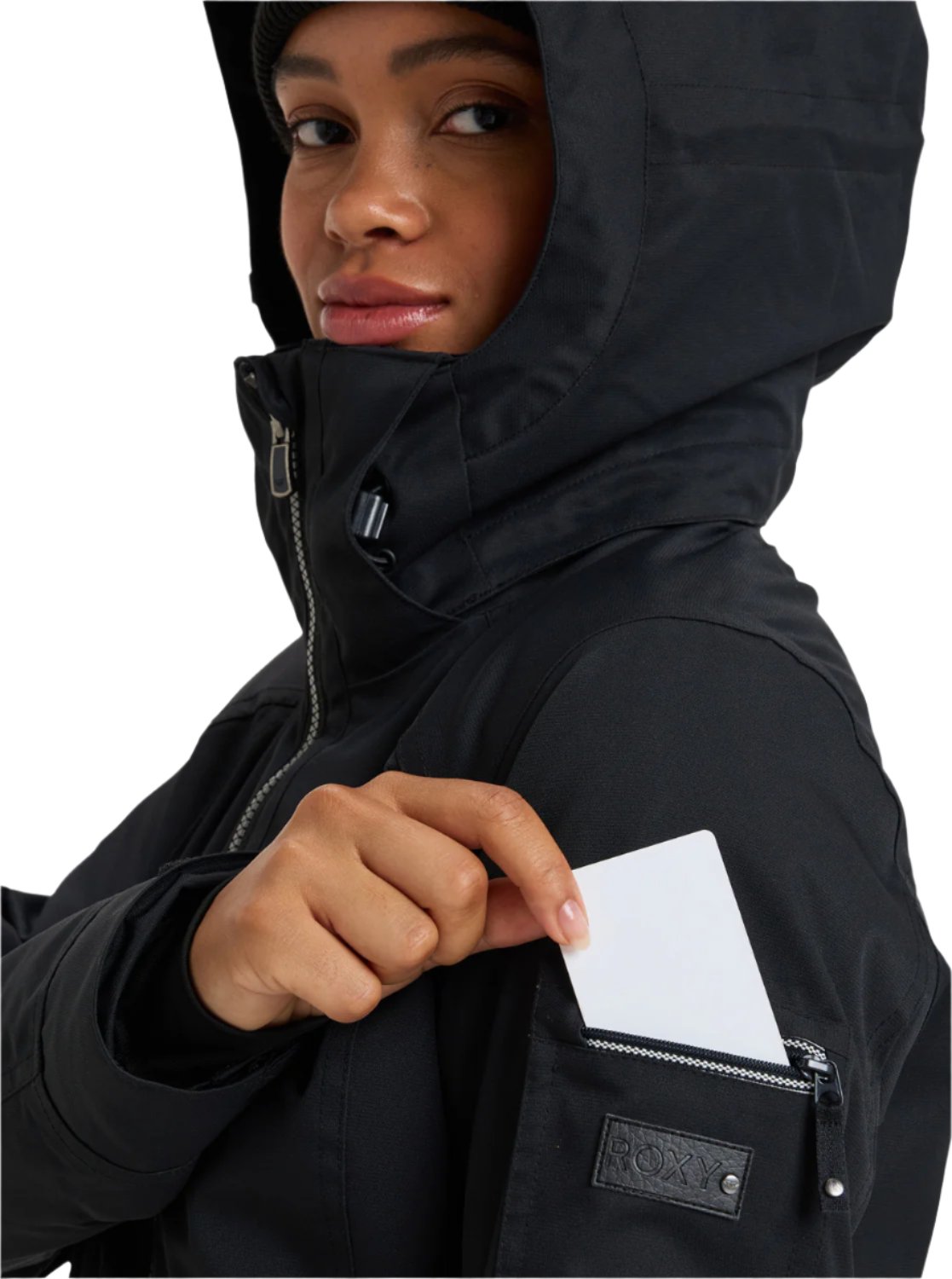 Roxy Women's Meade Insulated Jacket - A black insulated jacket with a hood, featuring a zippered front and two pockets on either side.