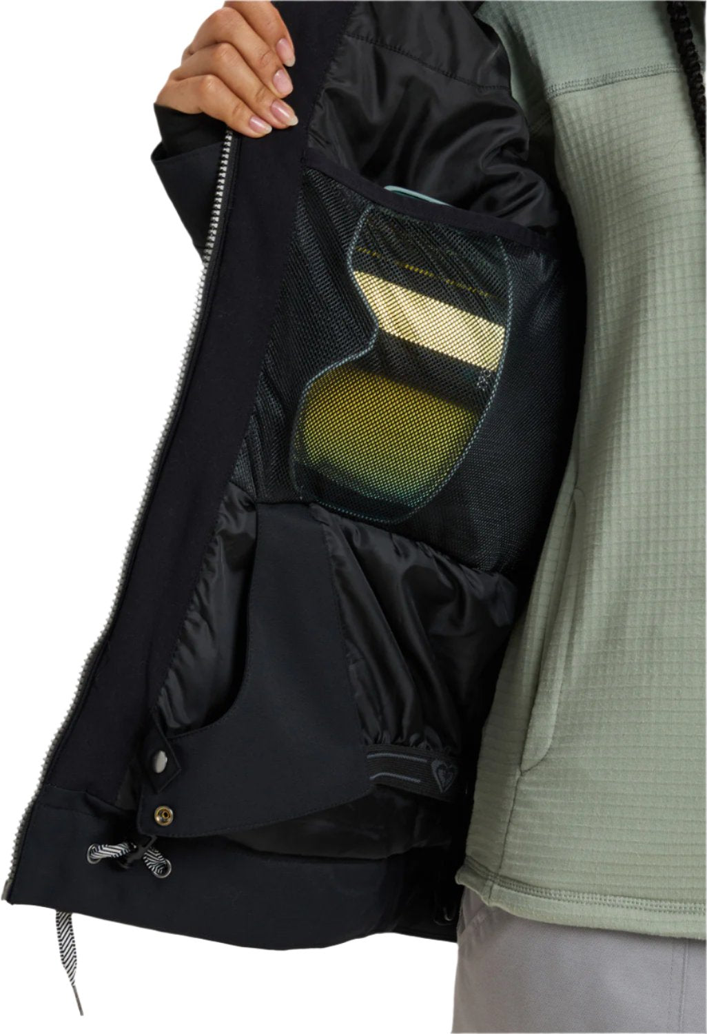 Roxy Women's Meade Insulated Jacket - A black insulated jacket with a zippered front and two pockets on either side, featuring a mesh lining visible through the zipper opening.