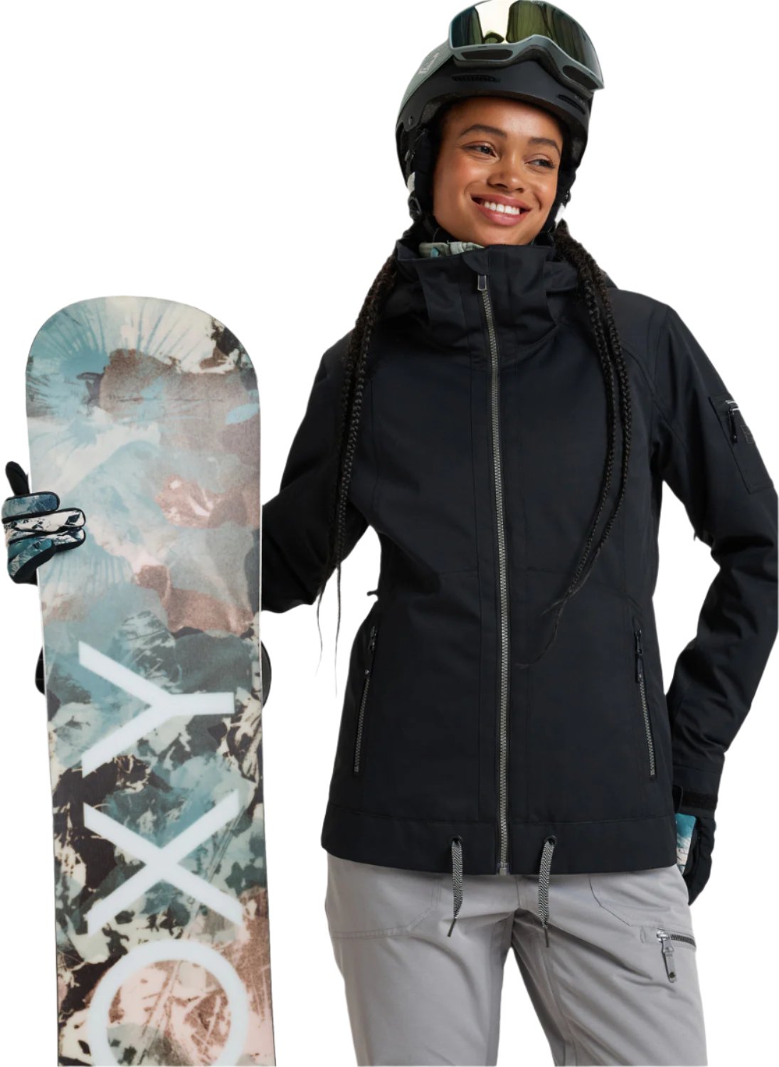 Roxy Women's Meade Insulated Jacket - A black jacket with a hood, featuring a white logo on the left chest and a zippered pocket on the right side.