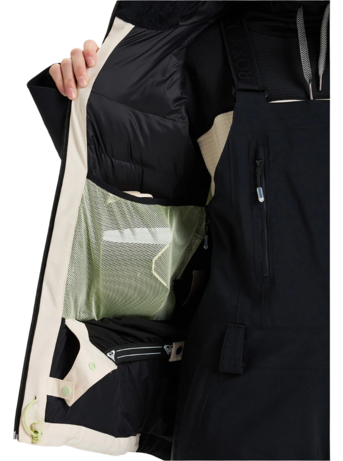 Roxy Women's Wild Twist Jacket 2025 - A black jacket with a white stripe on the sleeve and a zippered pocket on the side.