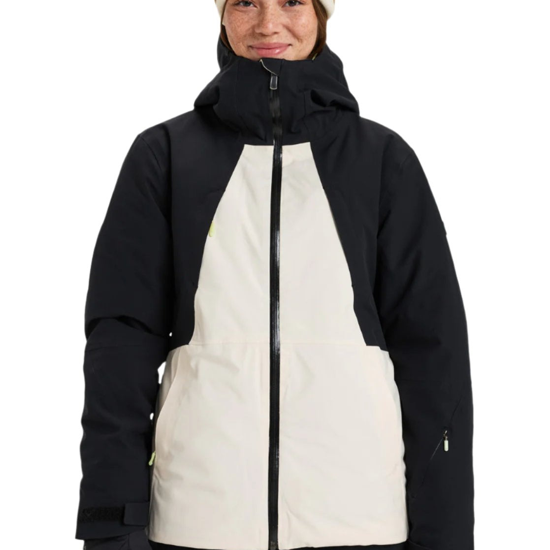 Roxy Women's Wild Twist Jacket 2025 - A black jacket with a white panel on the front and back, featuring a zippered chest pocket.