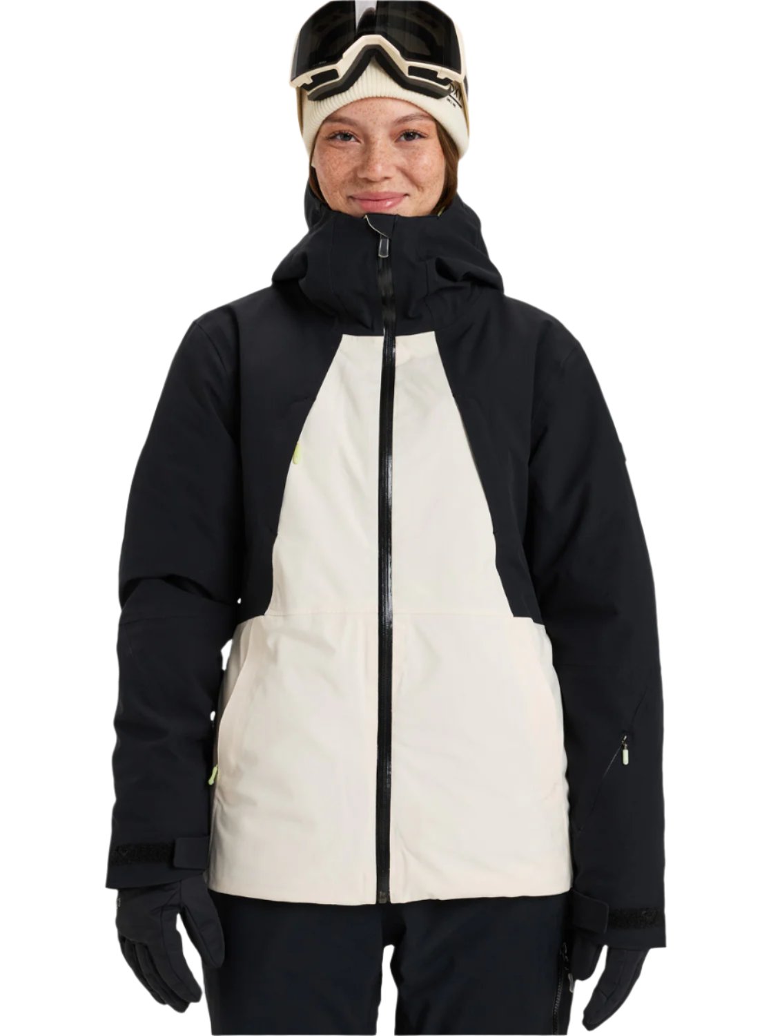 Roxy Women's Wild Twist Jacket 2025 - A black jacket with a white panel on the front and back, featuring a zippered chest pocket.