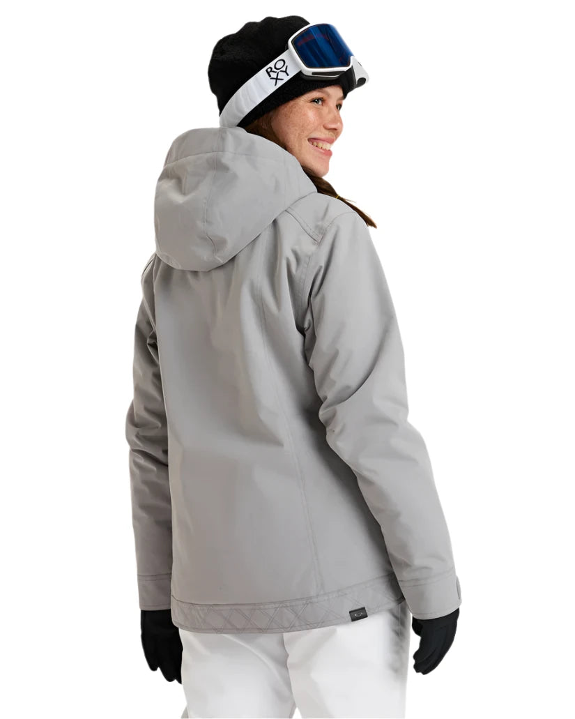 Roxy Women's Billie Insulated Jacket 2025 - A light gray jacket with a hood, featuring a white logo on the left chest and black zippers.