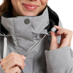Roxy Women's Billie Insulated Jacket 2025 - A light gray jacket with a black hood and white drawstrings.