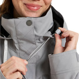 Roxy Women's Billie Insulated Jacket 2025 - A light gray jacket with a black hood and white drawstrings.