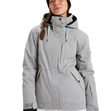 Roxy Women's Billie Insulated Jacket - A light grey jacket with a hood, featuring a zippered chest pocket and two side pockets.