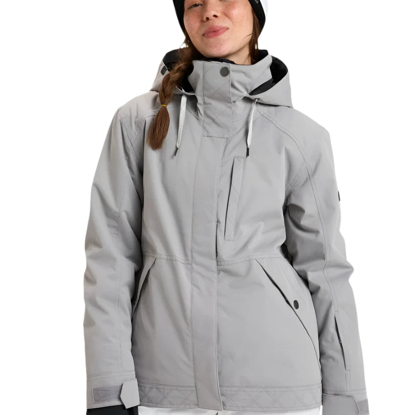 Roxy Women's Billie Insulated Jacket - A light grey jacket with a hood, featuring a zippered chest pocket and two side pockets.