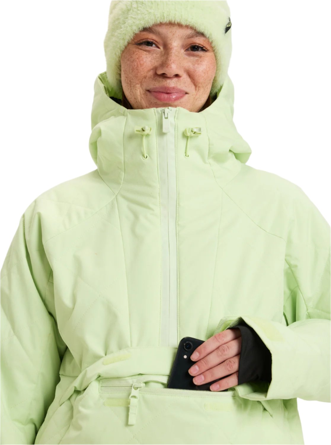 Roxy Radiant Lines Overhead Jacket 2025 - A light green jacket with a hood and drawstring waist, featuring a small black logo on the left shoulder.