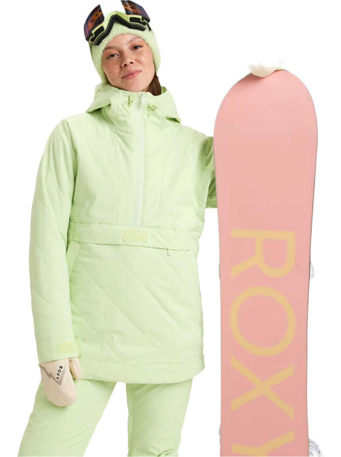 Roxy Radiant Lines Overhead Jacket 2025 - A light green jacket with a hood and diagonal quilted pattern on the torso.