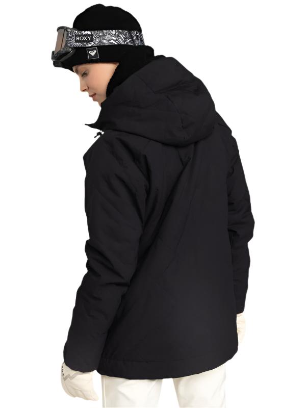 Roxy Radiant Lines Overhead Jacket 2025 - A black jacket with a white floral pattern on the hood and chest area.