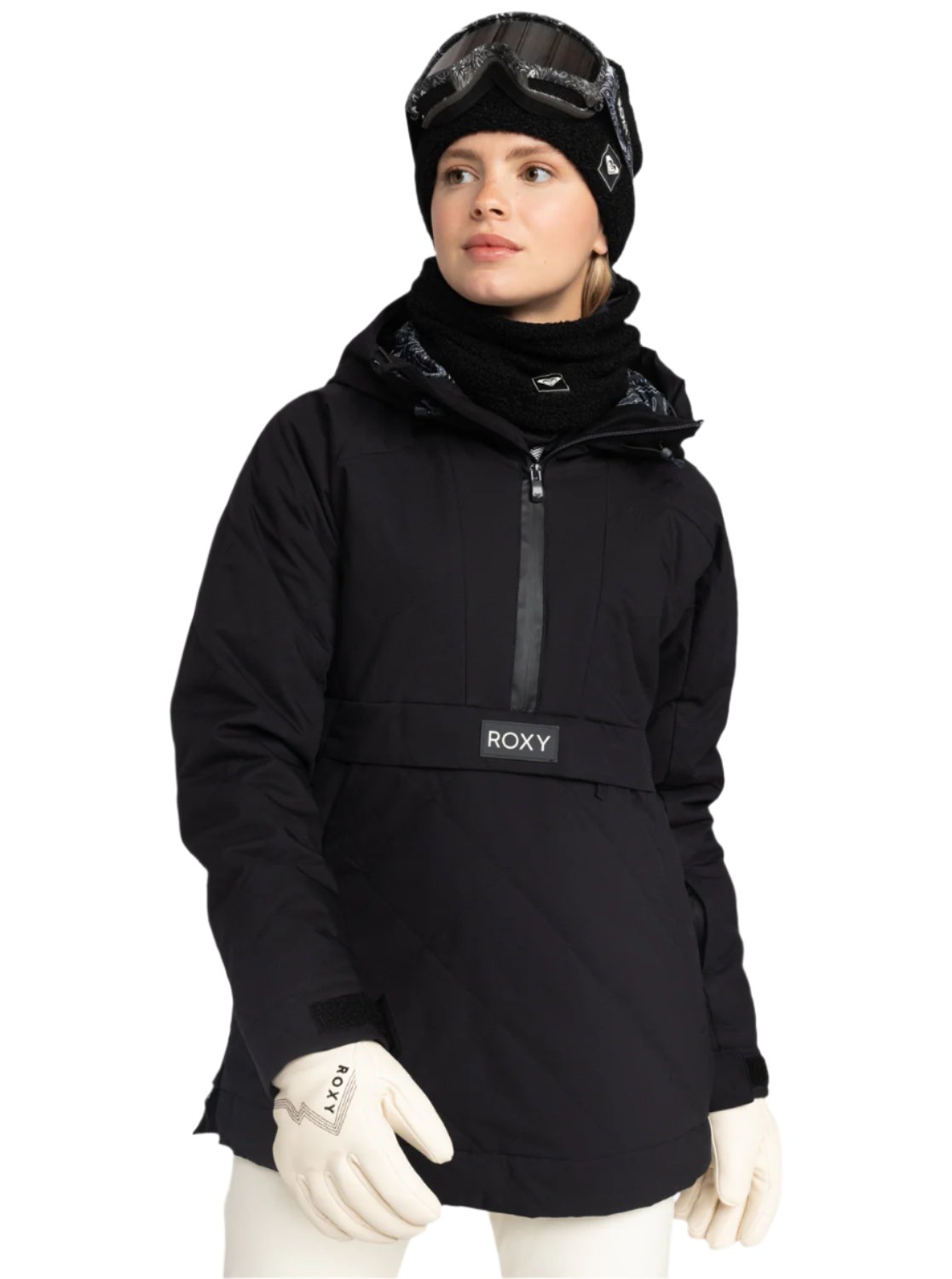 Roxy Radiant Lines Overhead Jacket 2025 - A black jacket with a subtle white pattern on the hood and chest area.