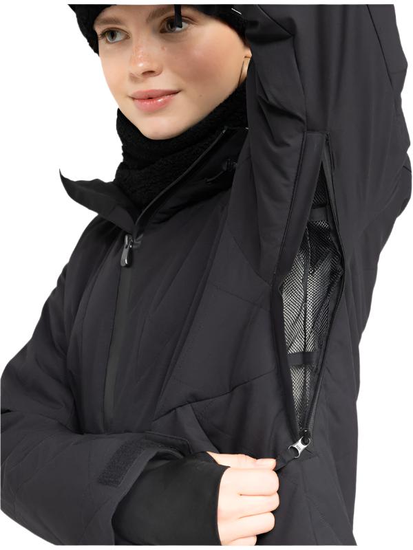 Roxy Radiant Lines Overhead Jacket 2025 - A black jacket with a hood, featuring a zippered front and two side pockets.
