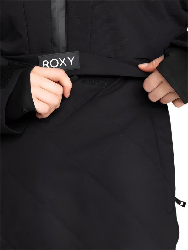 Roxy Radiant Lines Overhead Jacket 2025 - A black jacket with a white logo on the left chest and a diagonal striped pattern on the right sleeve.