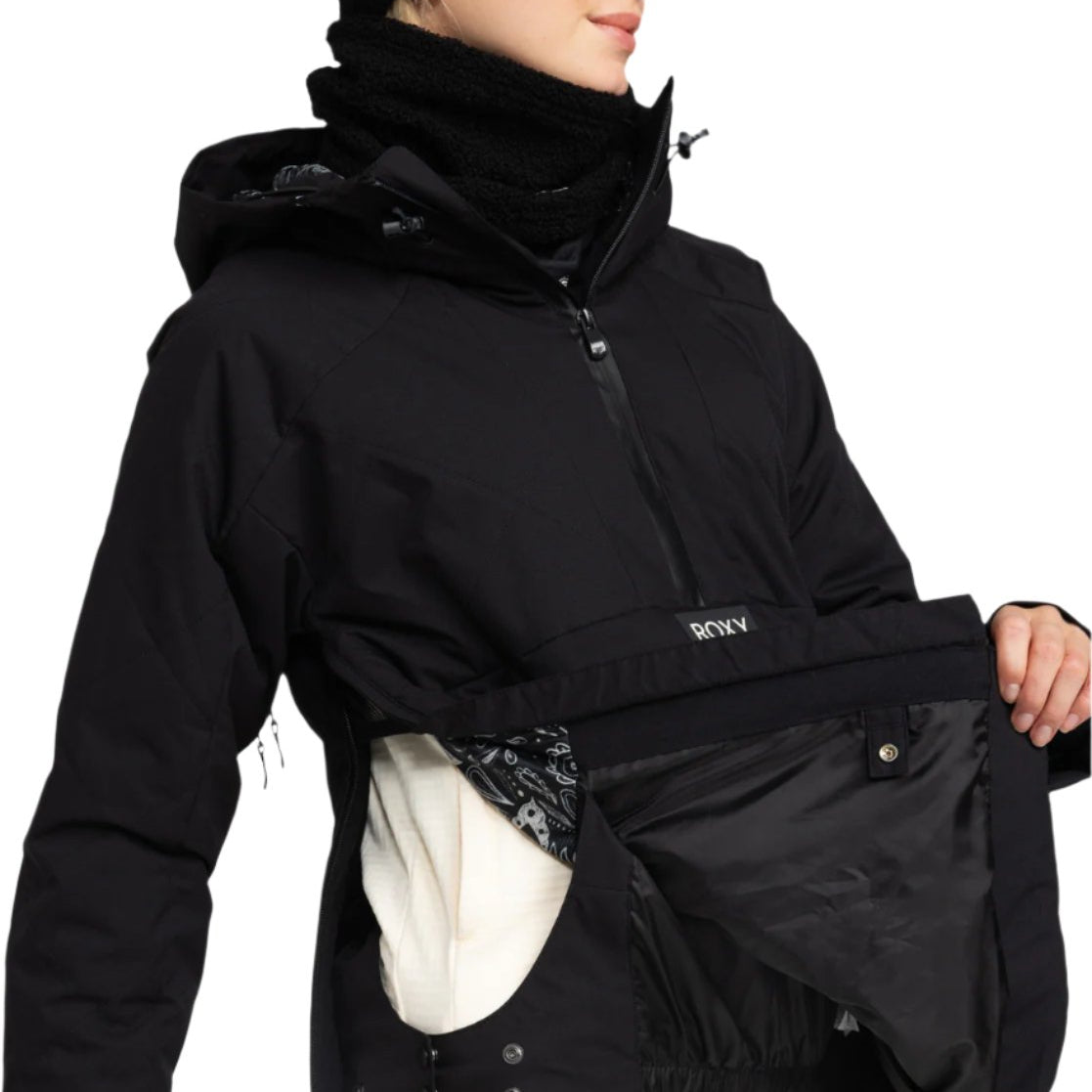 Roxy Radiant Lines Overhead Jacket 2025 - A black jacket with a white paisley pattern on the hood lining and interior.