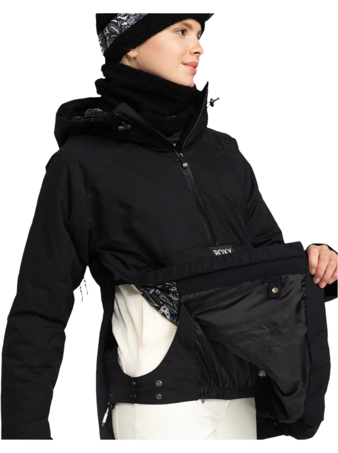 Roxy Radiant Lines Overhead Jacket 2025 - A black jacket with a white paisley pattern on the hood lining and interior.