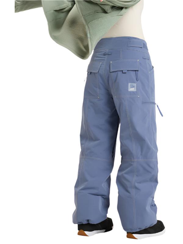 Roxy Women's Chloe Kim Insulated Pant 2025 - Light blue snow pants with a subtle floral pattern on the side of one leg, featuring a zippered pocket and adjustable cuffs.