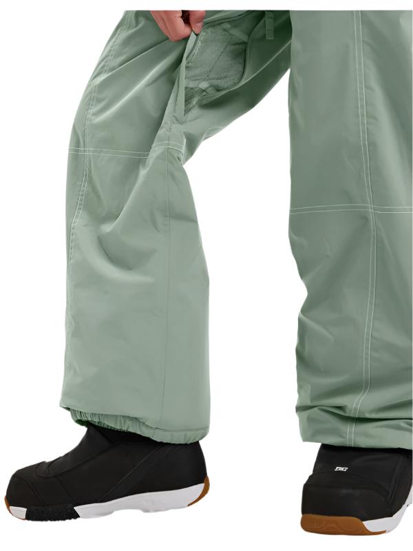 Roxy Women's Chloe Kim Insulated Pant 2025 - Sage green insulated snow pants with white stitching and a zippered pocket on the thigh.