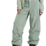Roxy Women's Chloe Kim Insulated Pant 2025 - Sage green snow pants with white stitching and silver zippers.