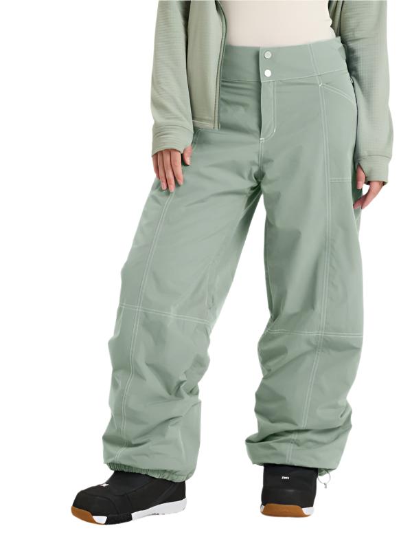 Roxy Women's Chloe Kim Insulated Pant 2025 - Sage green snow pants with white stitching and silver zippers.