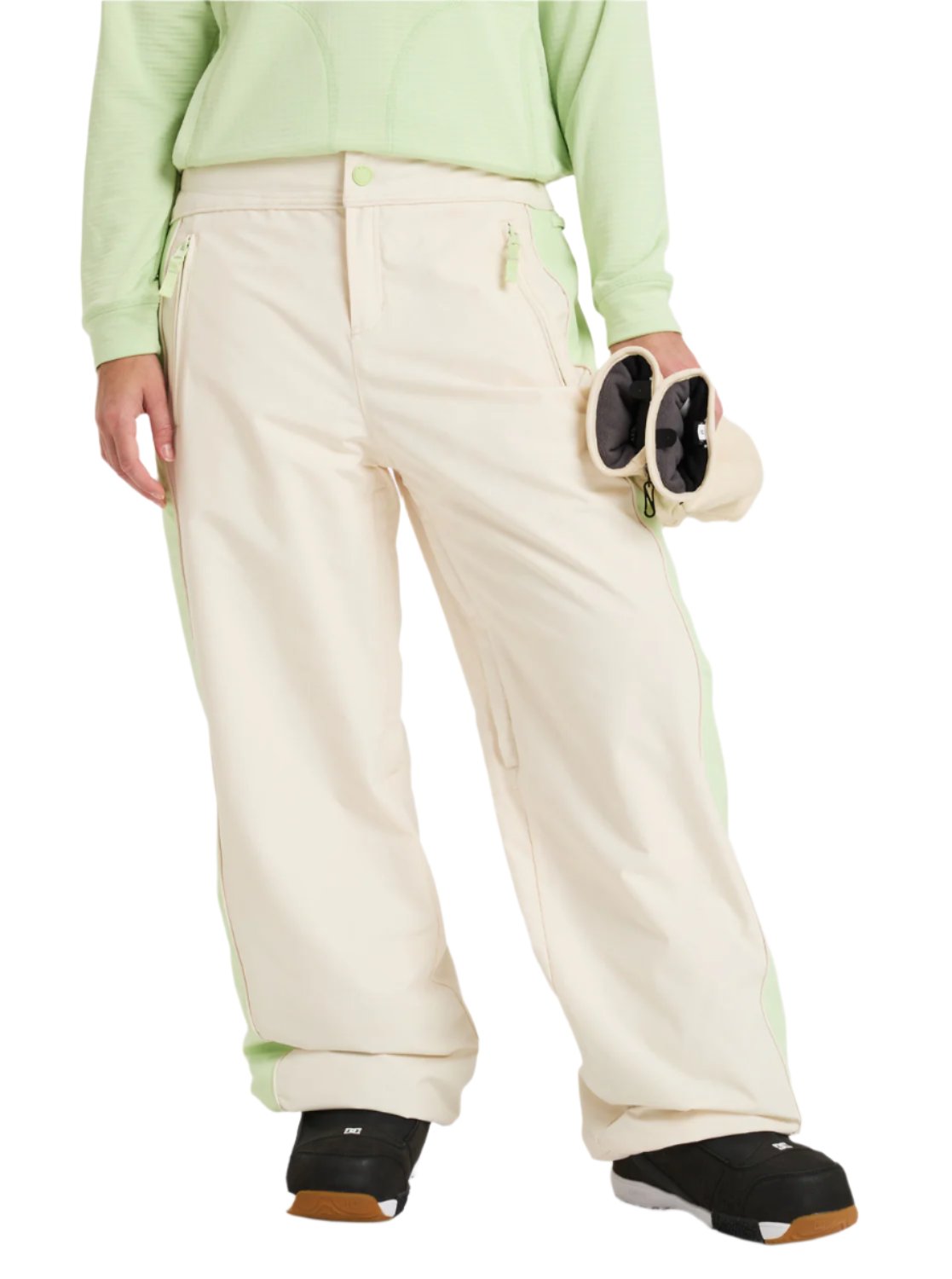 Roxy Women's Steeply Shell Pant 2025 - A pair of off-white snow pants with a light green stripe down the side.