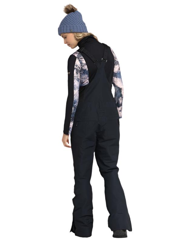 Roxy Women's Rideout Insulated Bib Pant 2025 - Black bib pant with white and blue abstract pattern on side panels.