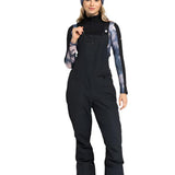 Roxy Women's Rideout Insulated Bib Pant - Black bib pant with white snowflake pattern on left thigh and right calf.