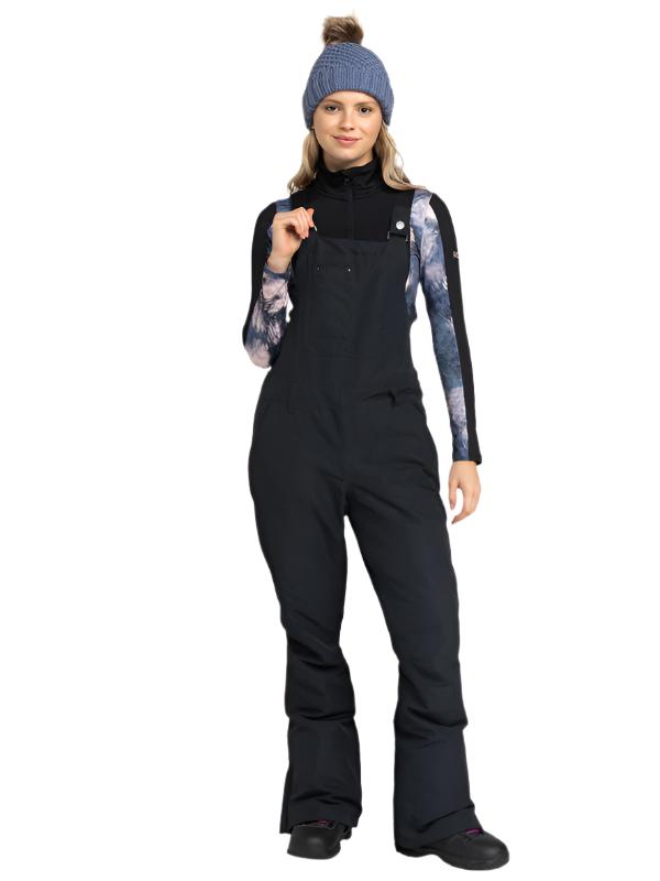 Roxy Women's Rideout Insulated Bib Pant - Black bib pant with white snowflake pattern on left thigh and right calf.