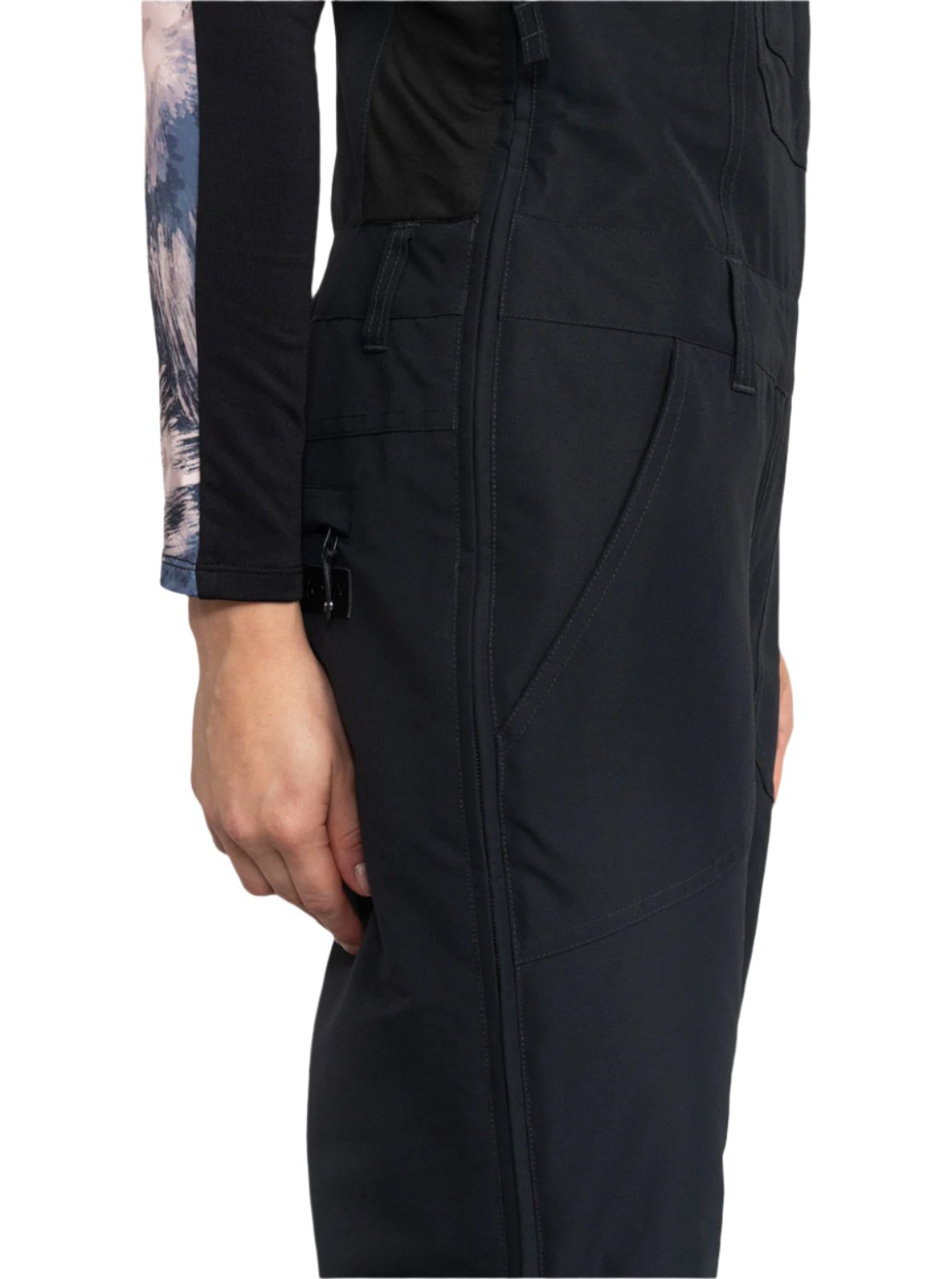 Roxy Women's Rideout Insulated Bib Pant 2025 - Black bib pant with zippered pockets and adjustable waistband.