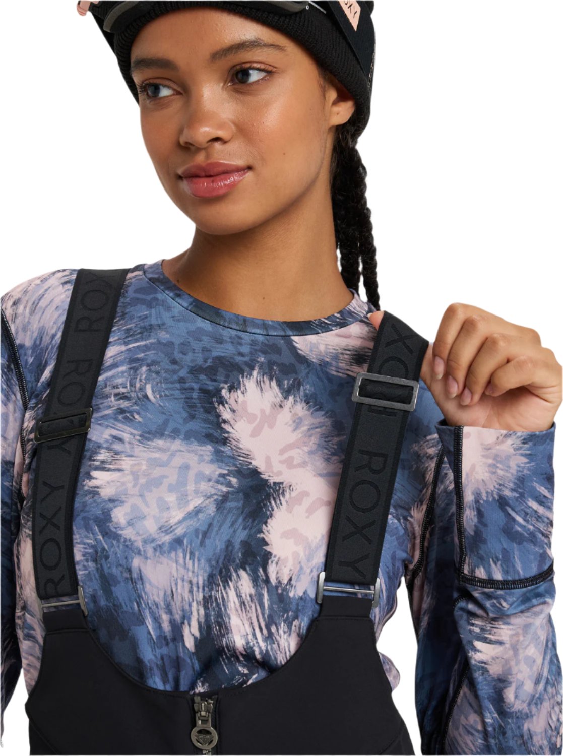 Roxy Women's Summit Bib Shell Pant 2025 - A black bib shell pant with a subtle white logo on the left thigh.