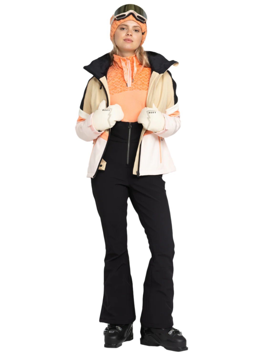 Roxy Women's Summit Bib Shell Pant 2025 - A black snow pant with a zippered pocket on the side and a white logo patch near the bottom of the leg.