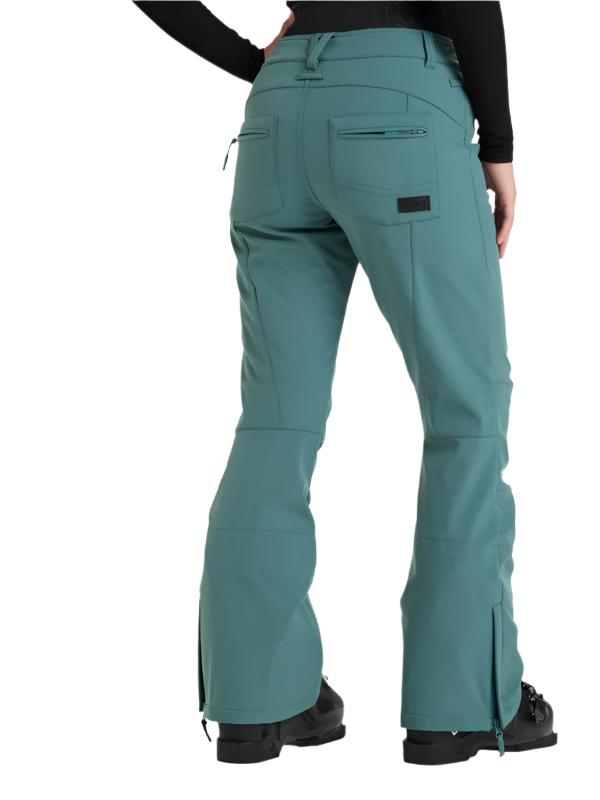 Roxy Women's Rising High Pant 2025 - A pair of women's snow pants in a light blue-green color with a subtle pattern and zippered pockets.