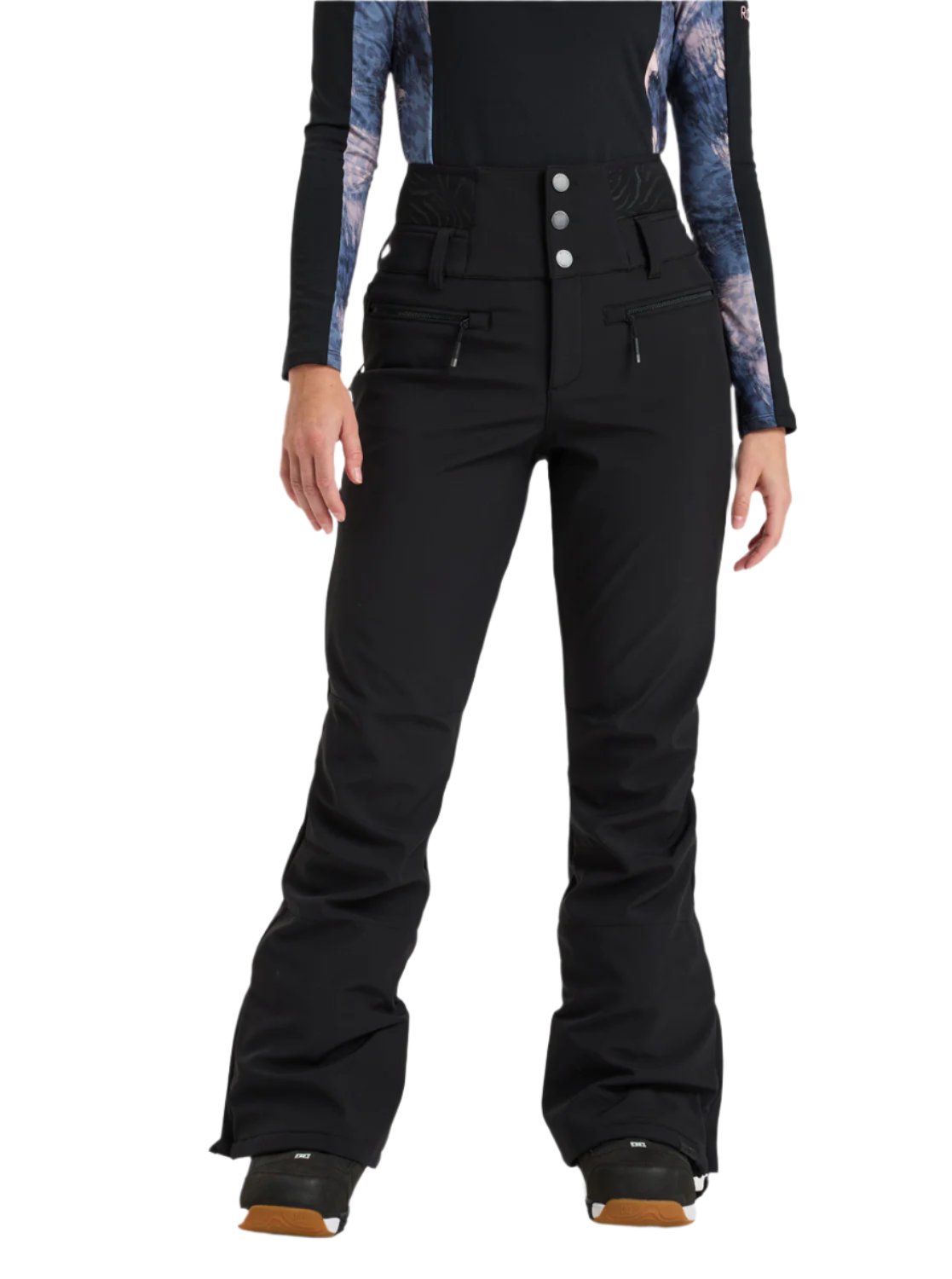 Roxy Women's Rising High Pant 2025 - Black snow pants with zippered pockets and adjustable waistband.