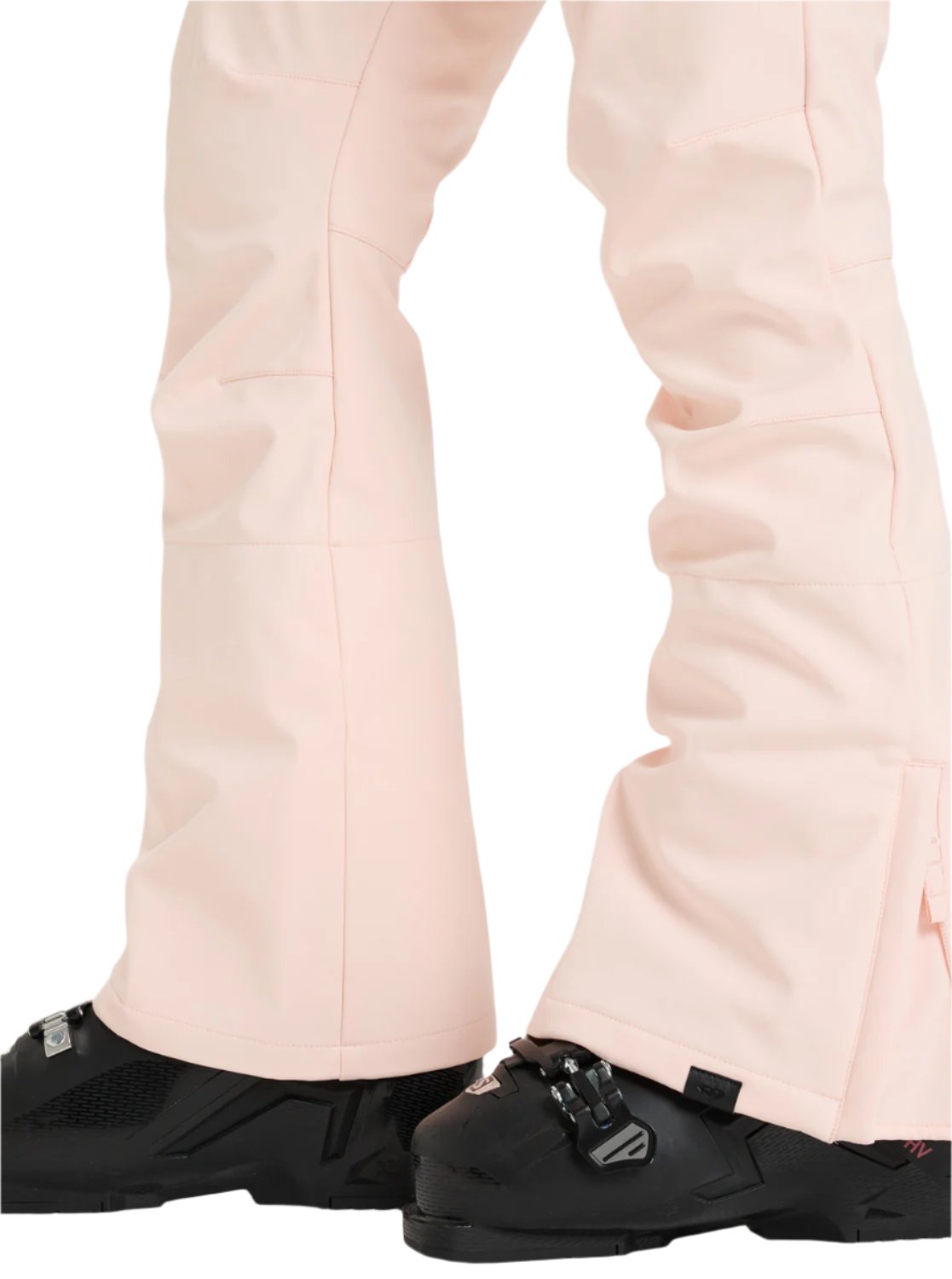 Roxy Women's Rising High Pant 2025 - Light pink snow pants with a subtle geometric pattern on the left leg, featuring a zippered pocket and adjustable cuffs.