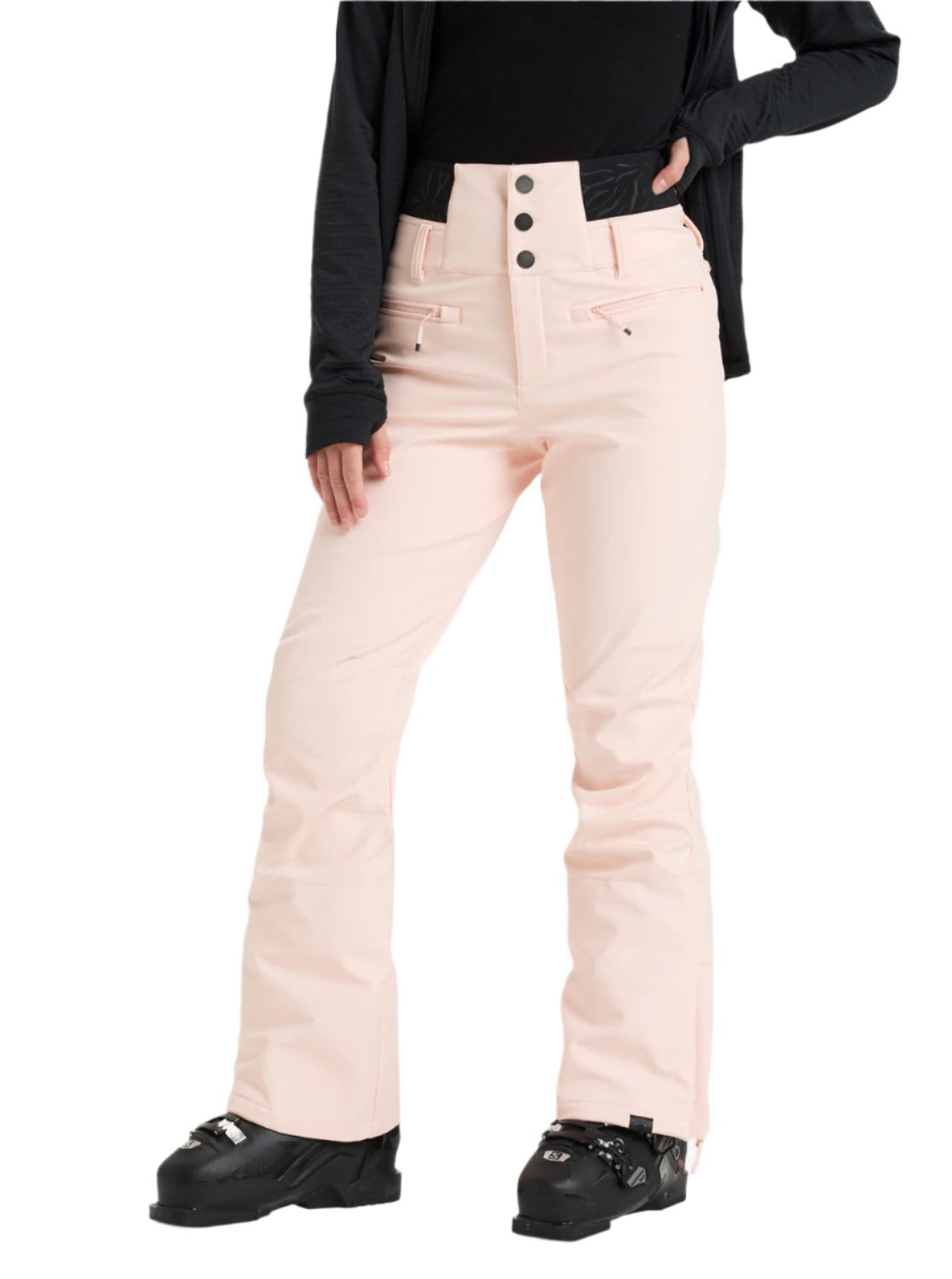 Roxy Women's Rising High Pant 2025 - A pair of light pink snow pants with a subtle pattern on the side pockets and black buttons down the front.