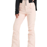 Roxy Women's Rising High Pant 2025 - A pair of light pink snow pants with a subtle pattern on the side pockets and black buttons down the front.