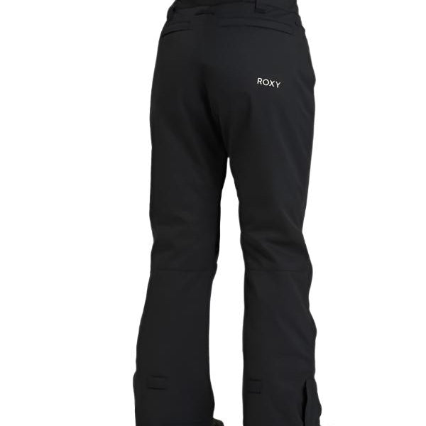 Roxy Women's Diversion Insulated Pant 2025 - Black snow pants with a white logo on the left thigh and two zippered pockets at the back.