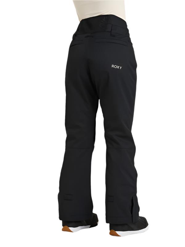 Roxy Women's Diversion Insulated Pant 2025 - Black snow pants with a white logo on the left thigh and two zippered pockets at the back.