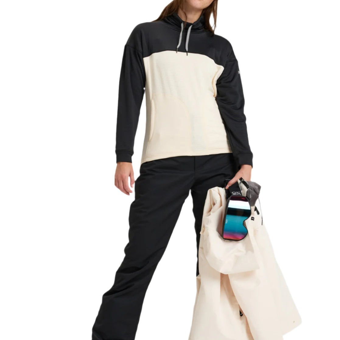 Roxy Women's Diversion Insulated Pant 2025 - A black and white snow pant with a zippered pocket on the side of the leg.