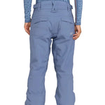 Roxy Women's Backyard Snow Pant 2025 - A pair of light blue snow pants with a geometric pattern on the side and two zippered pockets at the back.