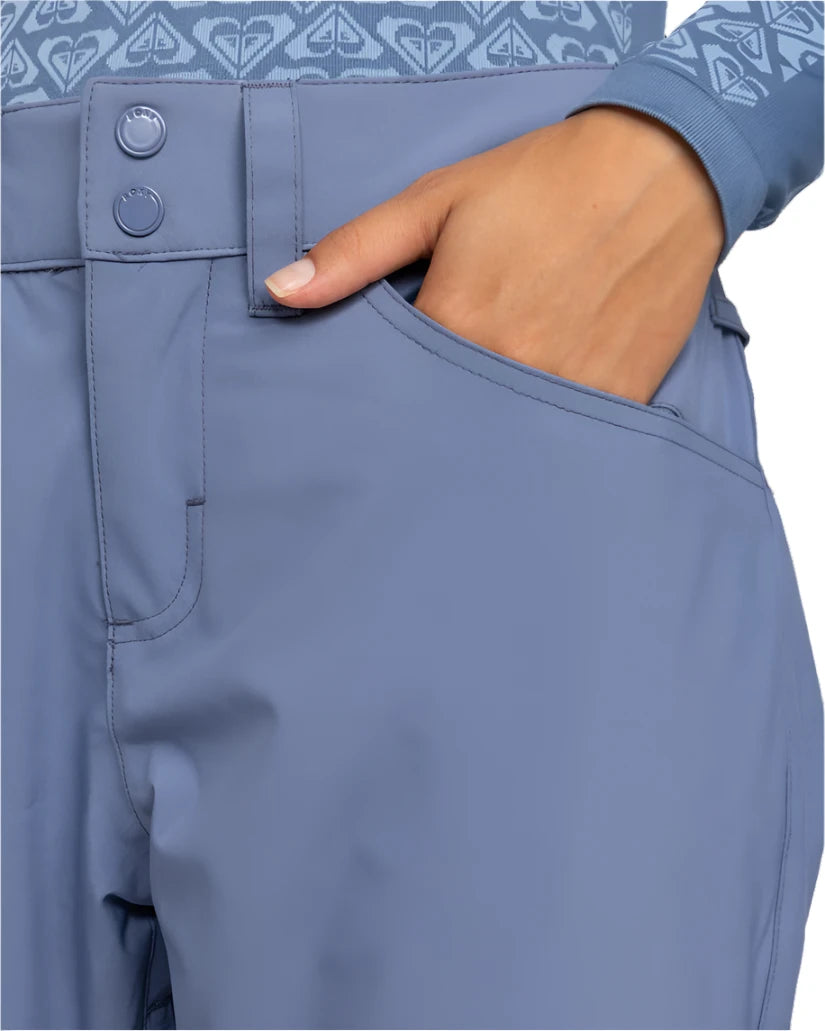 Roxy Women's Backyard Snow Pant 2025 - A pair of light blue snow pants with a geometric pattern on the waistband and two snap buttons.