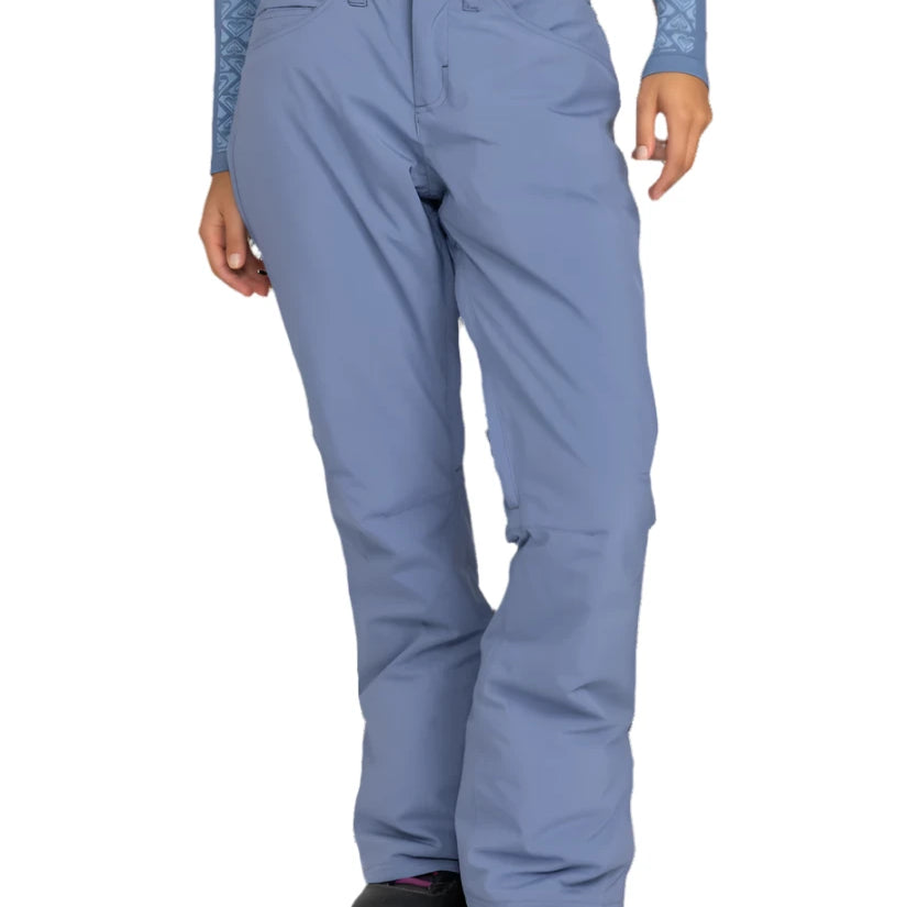 Roxy Women's Backyard Snow Pant 2025 - A pair of light blue snow pants with a subtle geometric pattern on the upper thigh area.