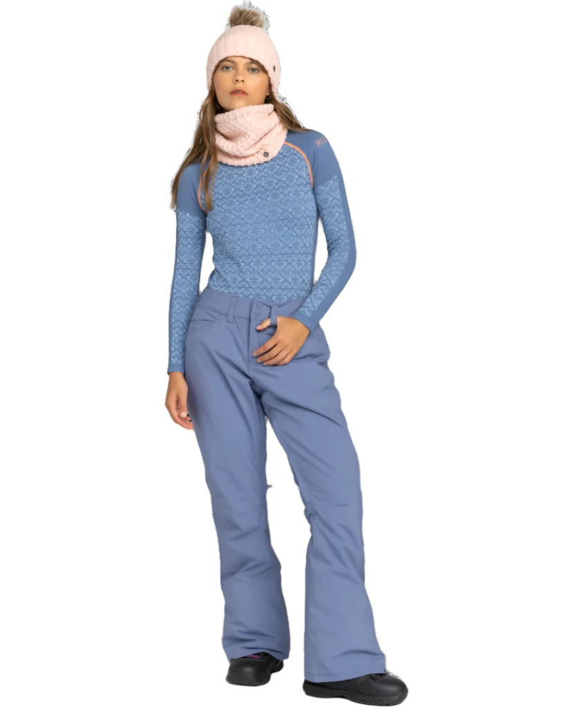 Roxy Women's Backyard Snow Pant 2025 - A light blue snow pant with a geometric pattern and orange accents on the side seams.