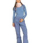 Roxy Women's Backyard Snow Pant 2025 - A light blue snow pant with a geometric pattern and orange accents on the side seams.