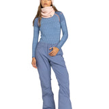 Roxy Women's Backyard Snow Pant 2025 - A light blue snow pant with a geometric pattern and orange accents on the side seams.