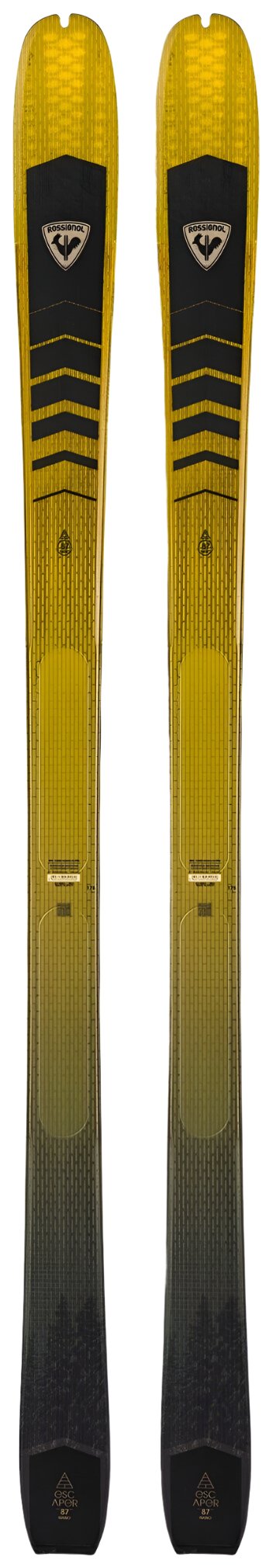 Rossignol Escaper 87 Nano Flat 2024 - A black and yellow ski with a geometric pattern on top.