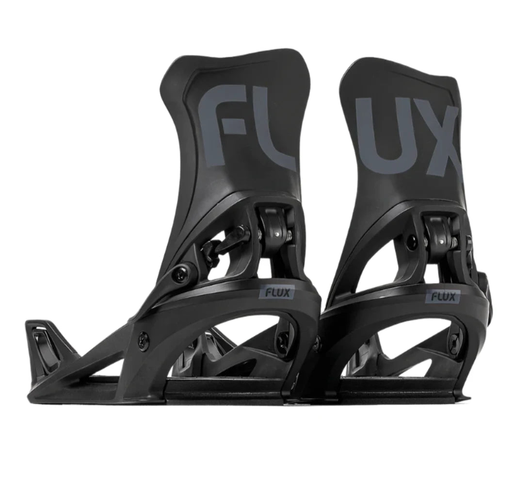 Flux DS Step On Snowboard Binding - Black snowboard bindings with gray lettering on top of footbed.