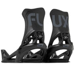 Flux DS Step On Snowboard Binding - Black snowboard bindings with gray lettering on top of footbed.