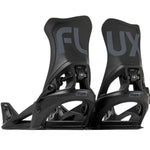 Flux Women's DS Step On Snowboard Binding - A pair of black snowboard bindings with a gray "FLUX" logo on top, featuring a step-on design and adjustable straps.